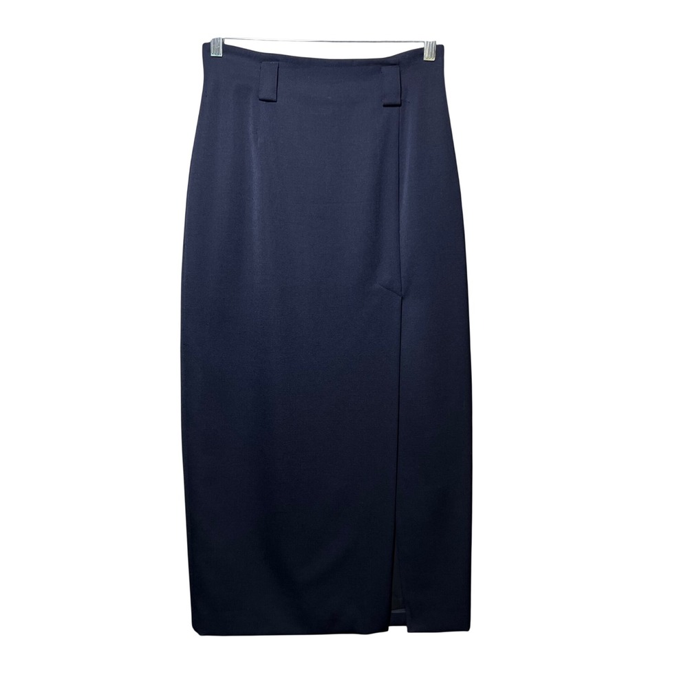 Anne Klein II Vintage Navy Blue 100% Pure Wool Midi Pencil Skirt Front Slit Sz 8